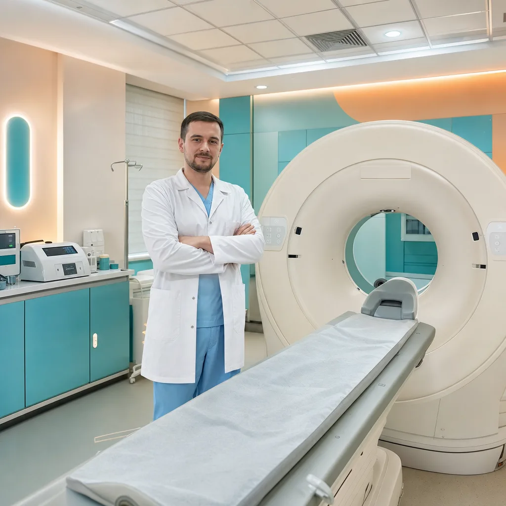 Лікар-радіолог біля комп’ютерного томографа