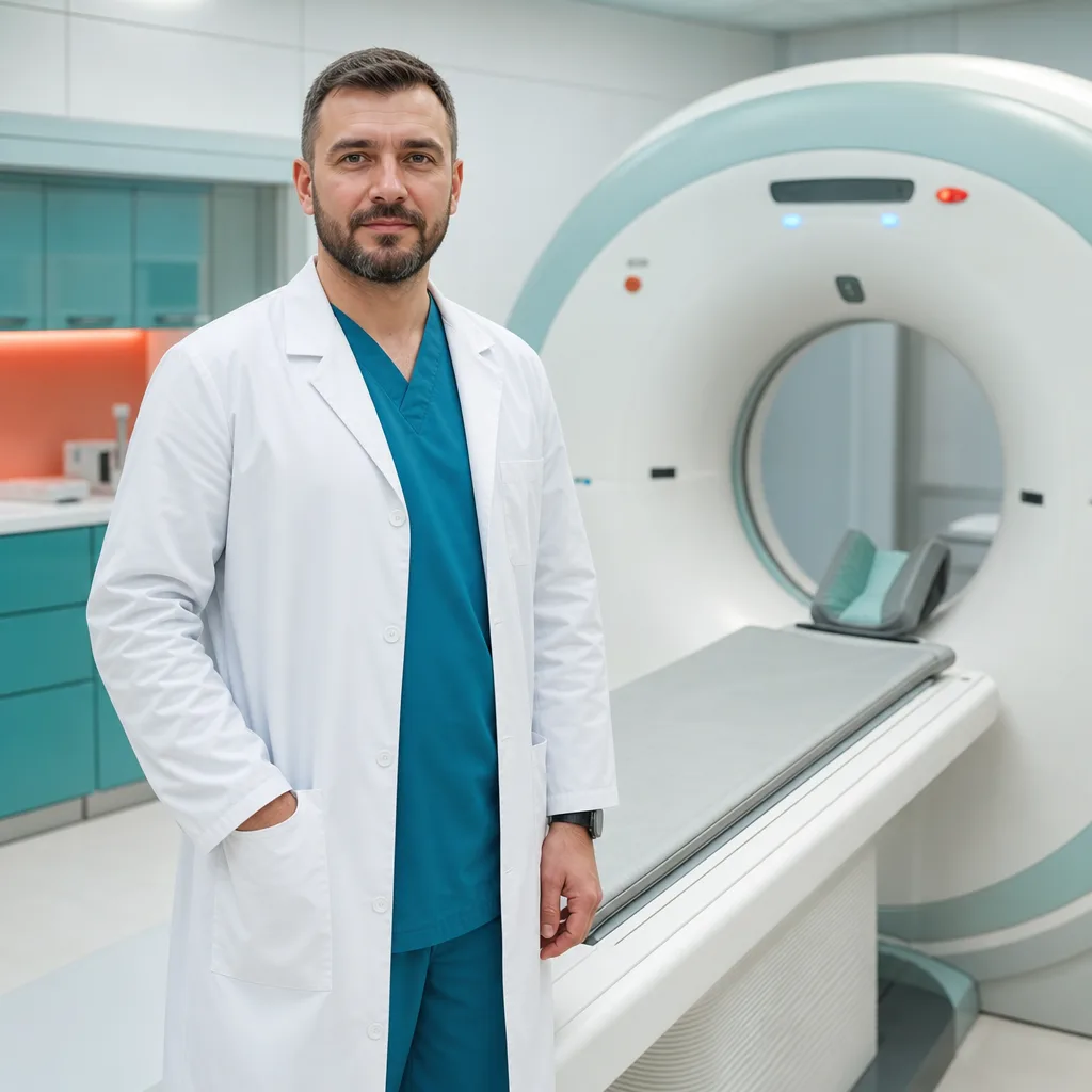 Лікар-радіолог біля комп’ютерного томографа